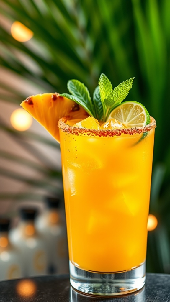 A colorful caramelized pineapple gin cocktail in a glass, garnished with mint and lime, set in a tropical setting.